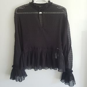 Maje Laurine Swiss Dot High Neck Ruffle Peplum Top